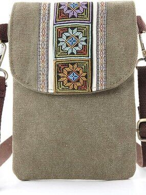 NEW Embroidered Canvas Flip Crossbody Bag Cell Phone Pouch Wristlet Coin Purse